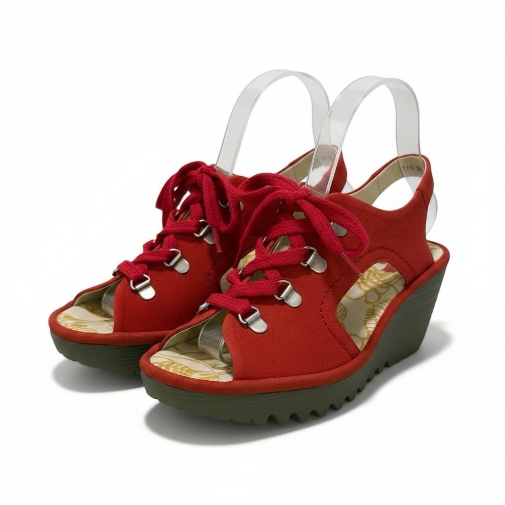 Fly London Womens Ylfa Open Toe Wedge Slingback Sandals Sz EU 38 US 7 Red
